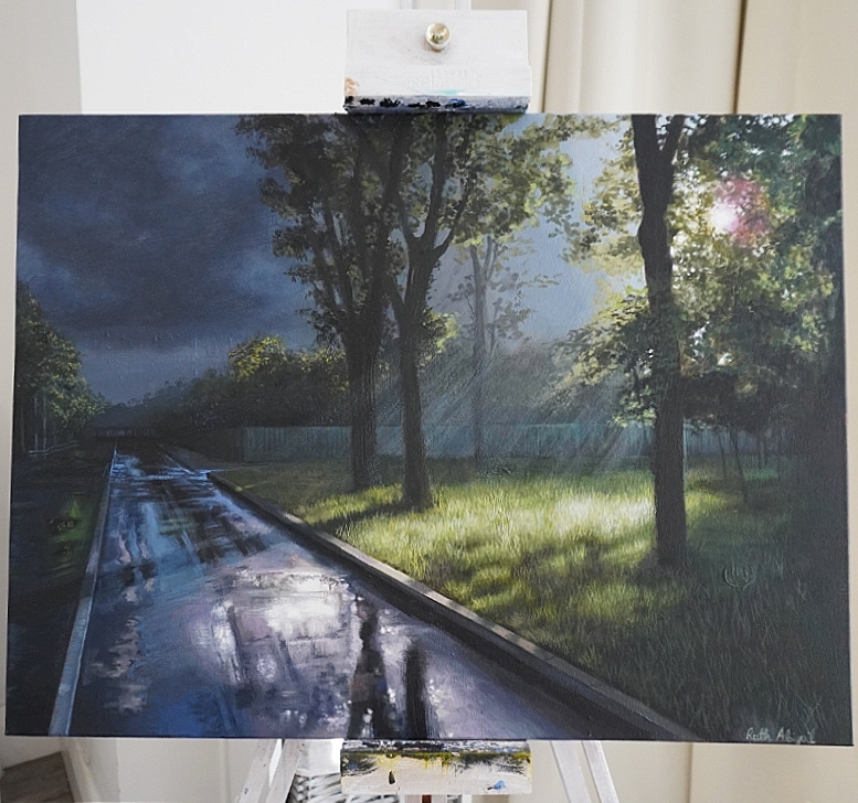 Sold original painting of sunlight shining through trees